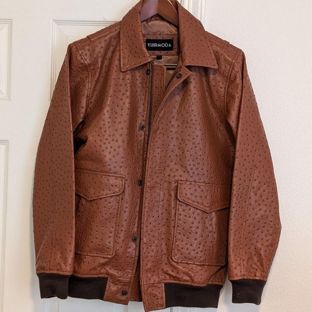 Ostrich Leather Gusseted A2 Bomber Jacket -- Men's S